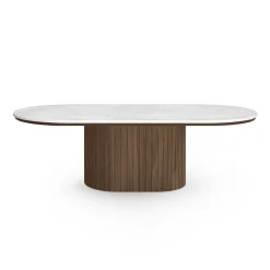 Bobby - Oval sofabord med lys beige stenbordplade og fod i røget eg 120x55x45 cm