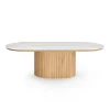 Bobby - Oval sofabord med lys beige stenbordplade og fod i eg 120x55x45 cm