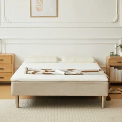 Boxmadras seng i beige 140x200 cm med 4 cm topmadras i PU-skum ekskl. ben