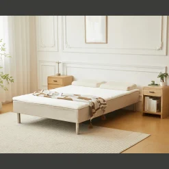 Boxmadras seng i beige 140x200 cm med 4 cm topmadras i PU-skum ekskl. ben