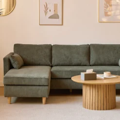 Ellis - Højrevendt og venstrevendt vendbar chaiselong sofa grøn fløjl - L: 215 x D: 82 x H: 78 cm