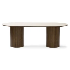 Enzo ovalt spisebord med stenbordplade i beige og lamelfod i røget eg 220x100x76 cm