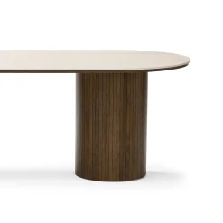 Enzo ovalt spisebord med stenbordplade i beige og lamelfod i røget eg 220x100x76 cm