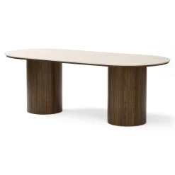 Enzo ovalt spisebord med stenbordplade i beige og lamelfod i røget eg 220x100x76 cm