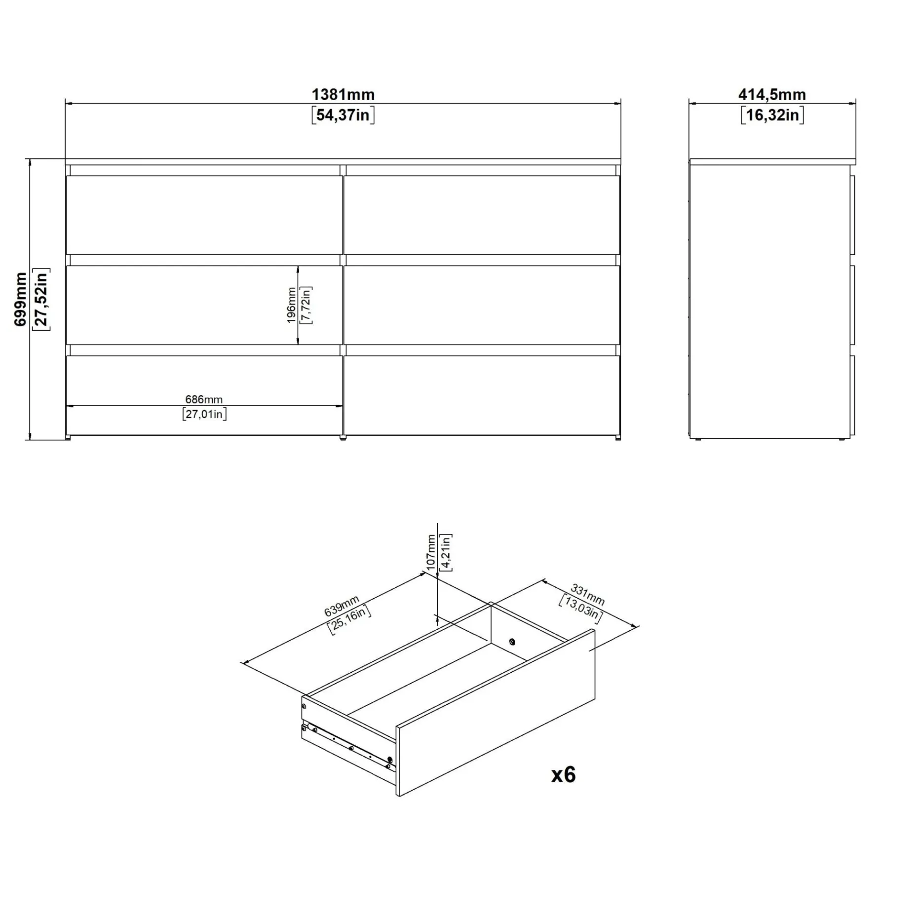 Maise kommode H:70 x B:138 x B:41 cm med 6 skuffer i røget egelook