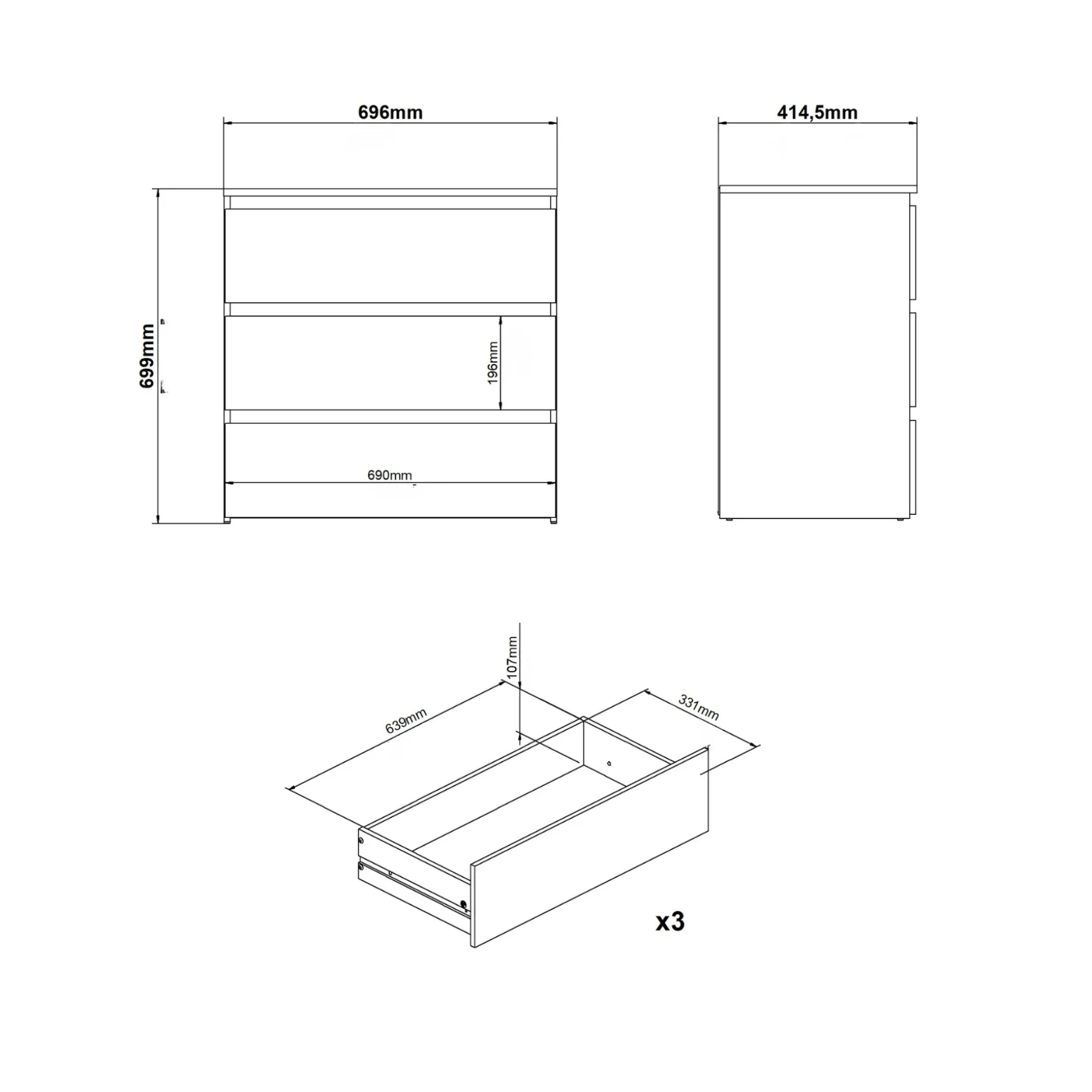 Maise kommode H:70 x B:70 x D:41 cm med 3 skuffer i hvid