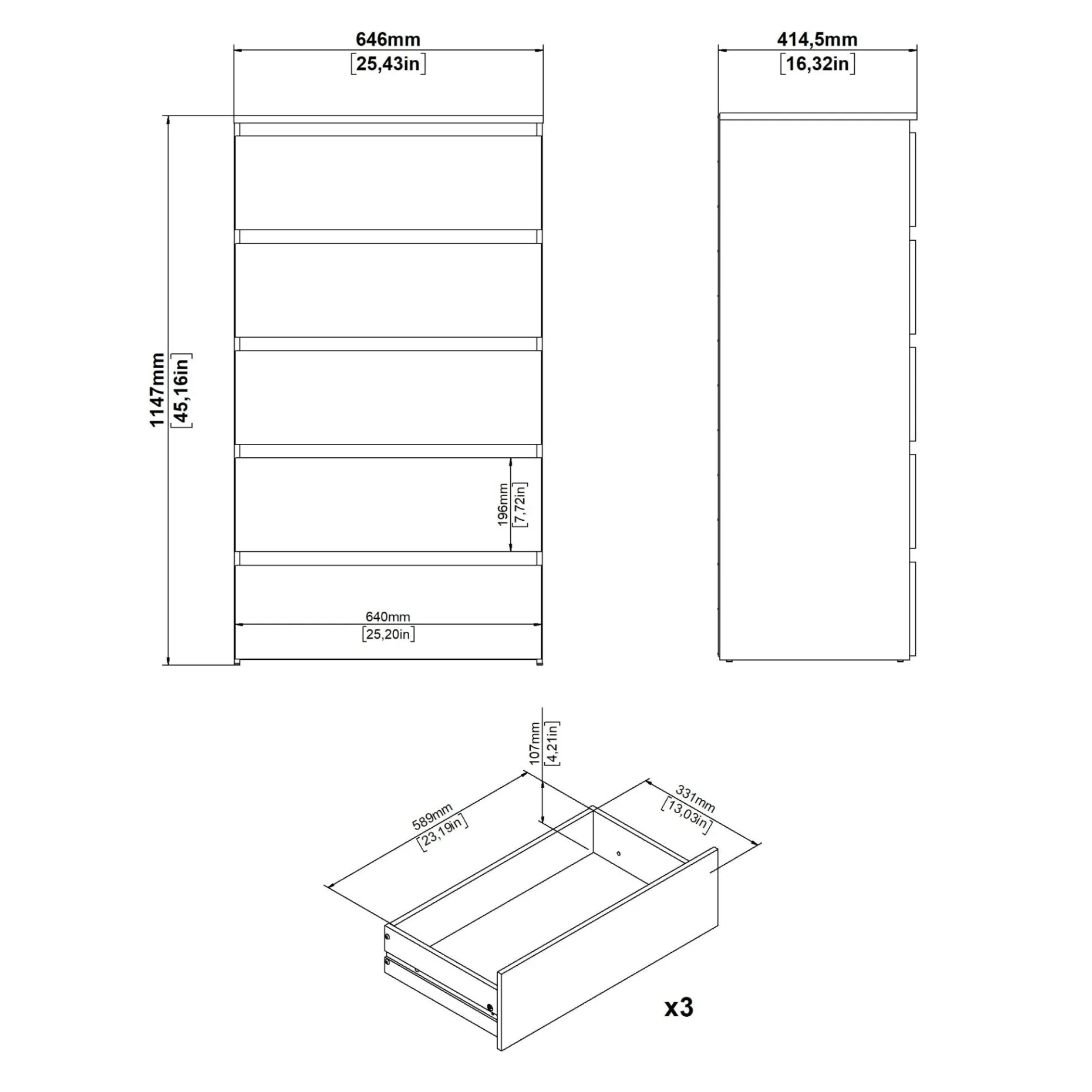 Maise kommode H:114 x B:65 x D:41 cm med 5 skuffer i egelook