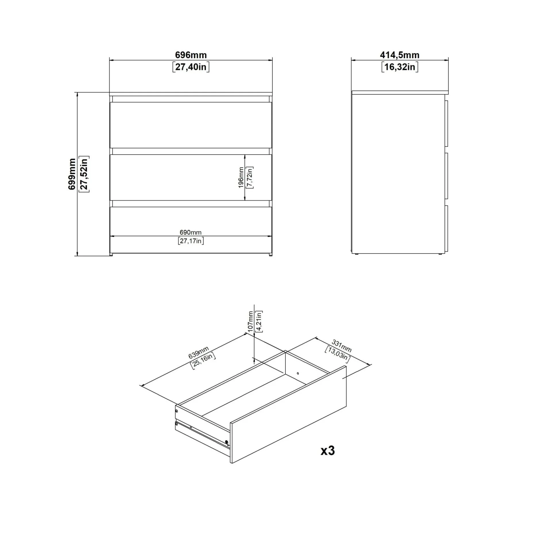 Maise kommode  H:70 x B:70 x D:41 cm med 3 skuffer i egelook