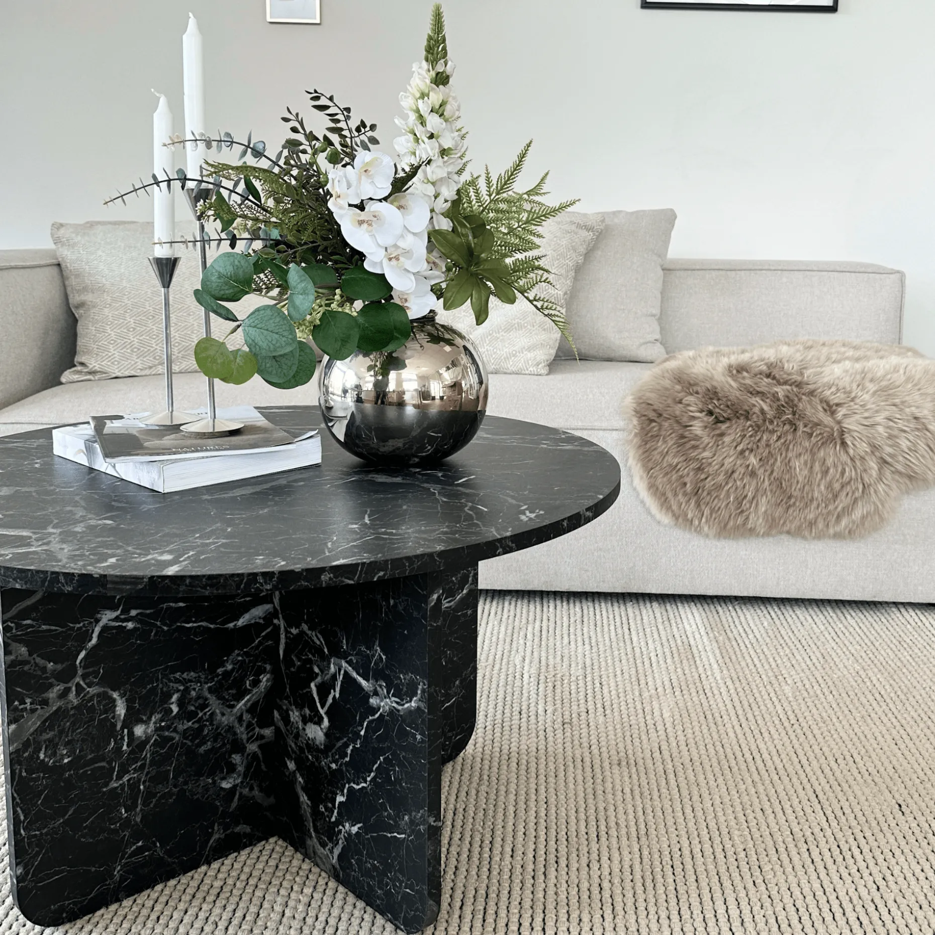 Mercy sofabord sort marmor look Ø80 cm