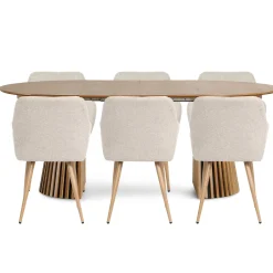 Spisebordssæt - Lewis lamel spisebord Ø120 cm med udtræk i egefiner + 6 x Jenna spisebordsstole i beige